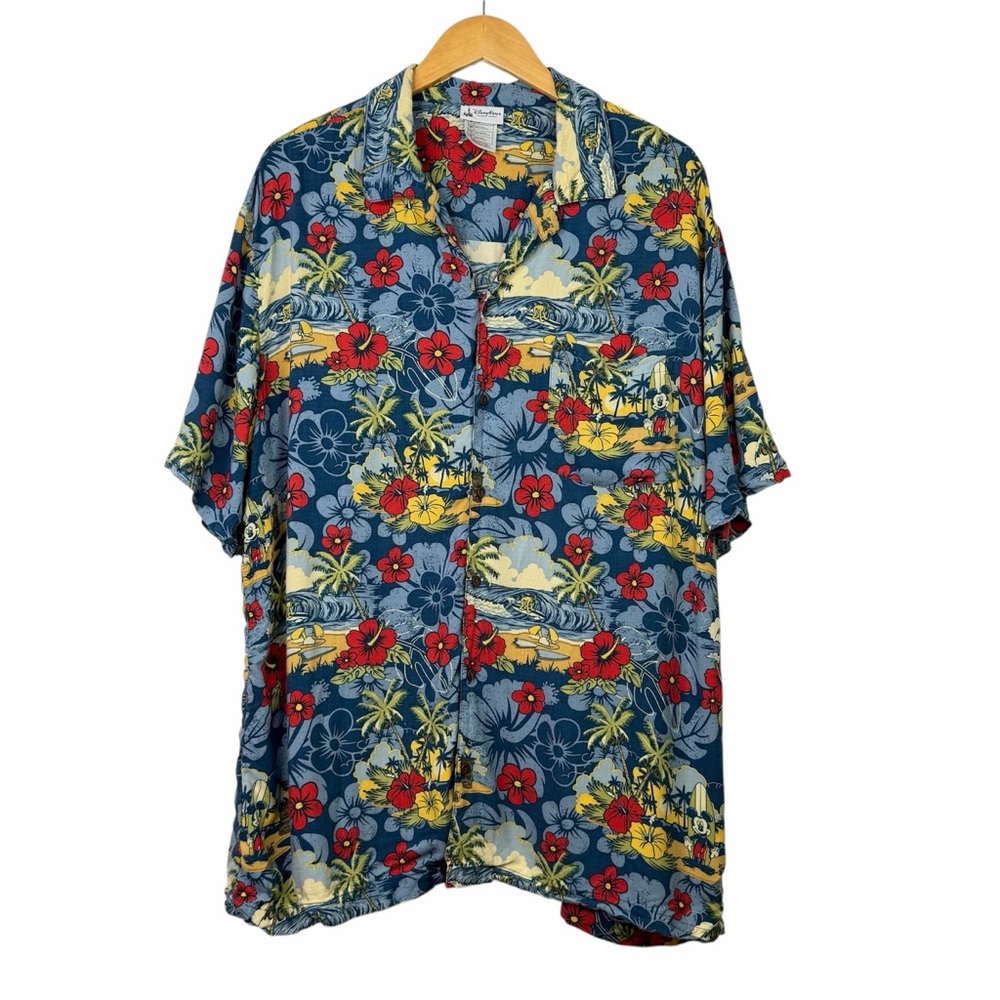 Disney Parks Mickey Mouse Pluto Hawaiian‎ Camp Shirt Surfing Tiki Floral Mens XL